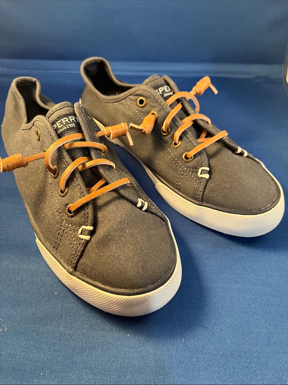 Sperry Navy  Canvas Slip-On Flats with Brown Lace Accents
